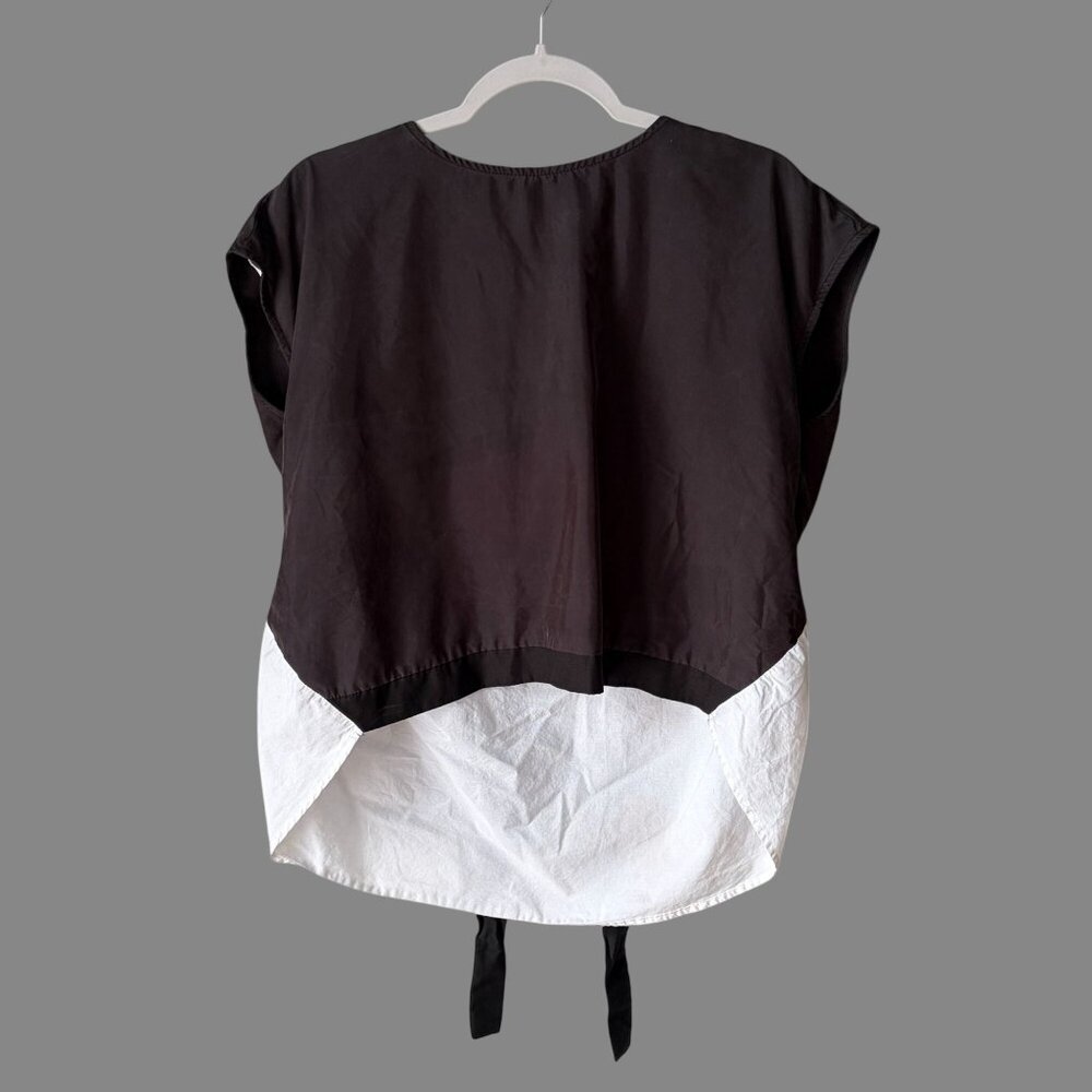Mod Ref Colorblock Tie Front Top Black White Hi Low Hem Shirt Size Medium - Picture 3 of 8